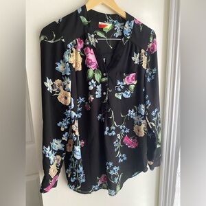 Fervour ModCloth Chiffon Floral Black Blouse Long Sleeve Button Down Top Small